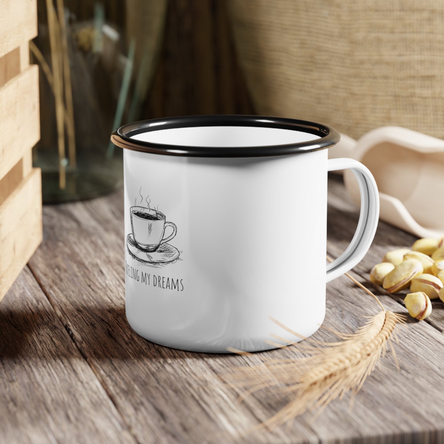 Fueling My Dreams Enamel Camp Cup - Coffee Lover's Mug